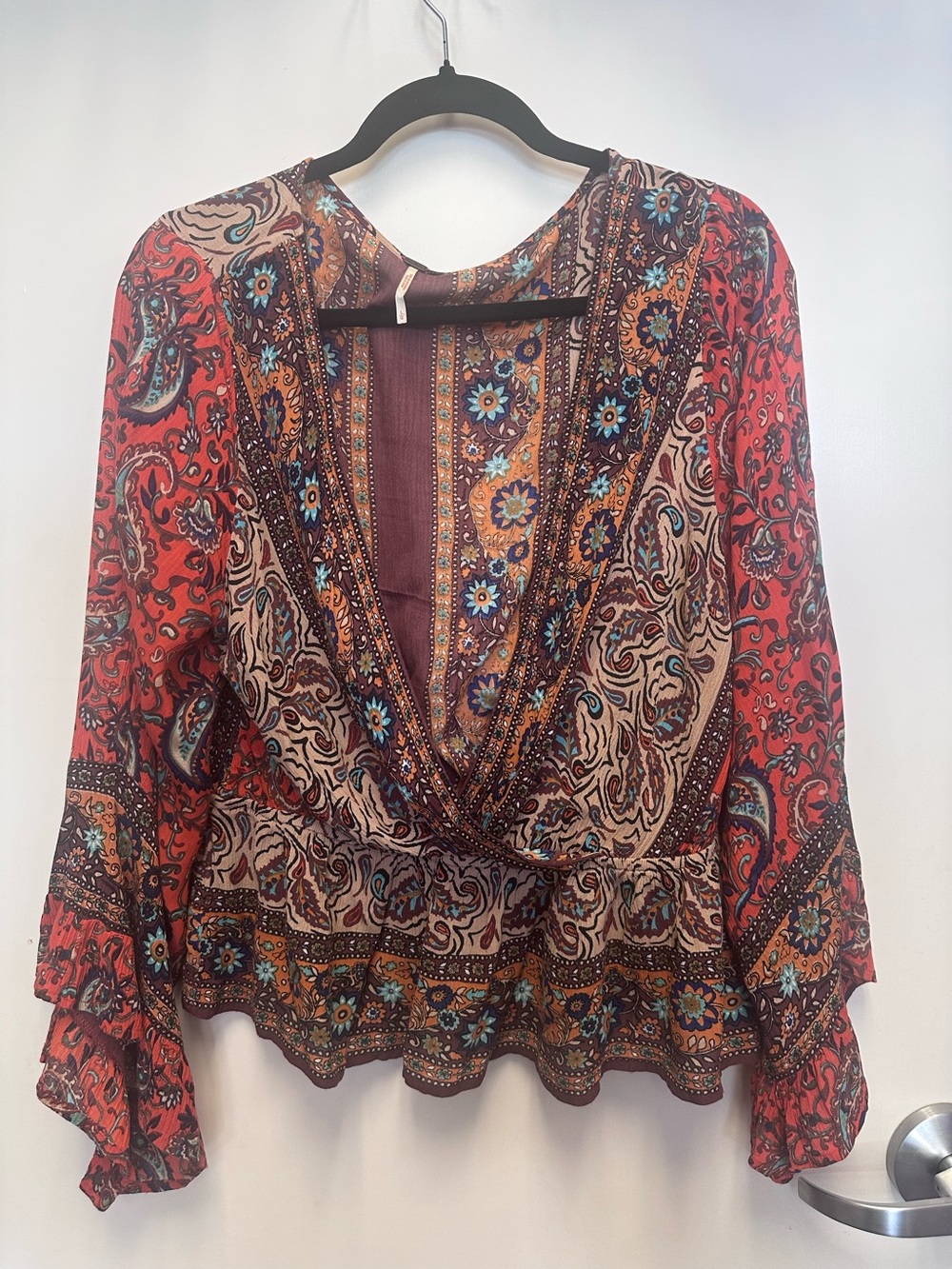 Free People Red Paisley Wrap Blouse with Blue Accents